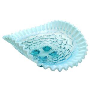 Antique Jefferson Glass Beaded Drapes Blue Opalescent Footed Crimped Bowl 1902